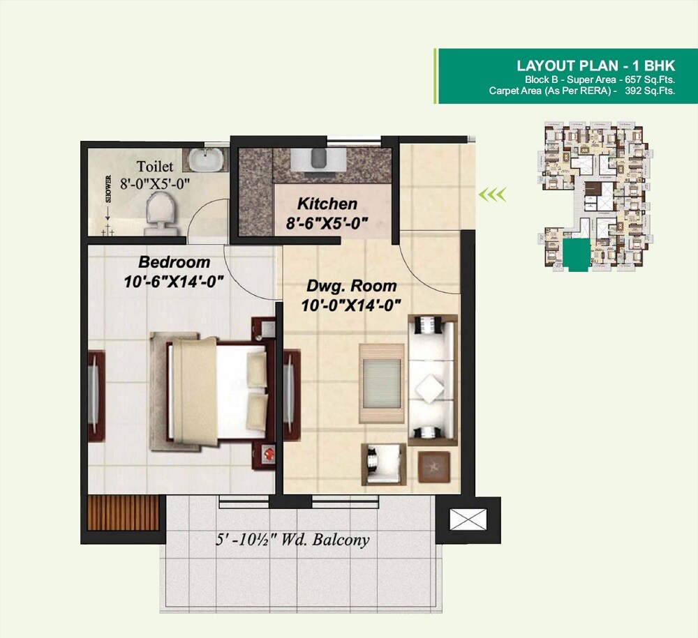 Floor plan of 1 BHK 657 Sq. Ft. Apartment in Mahalaxmi Lord Krishna Crest, Dehradun