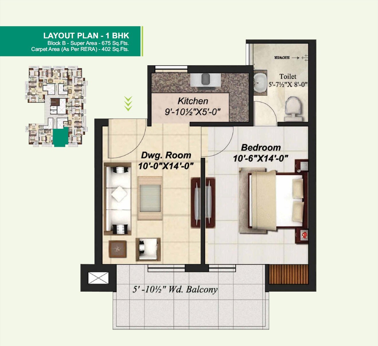 Floor plan of 1 BHK 675 Sq. Ft. Apartment in Mahalaxmi Lord Krishna Crest, Dehradun