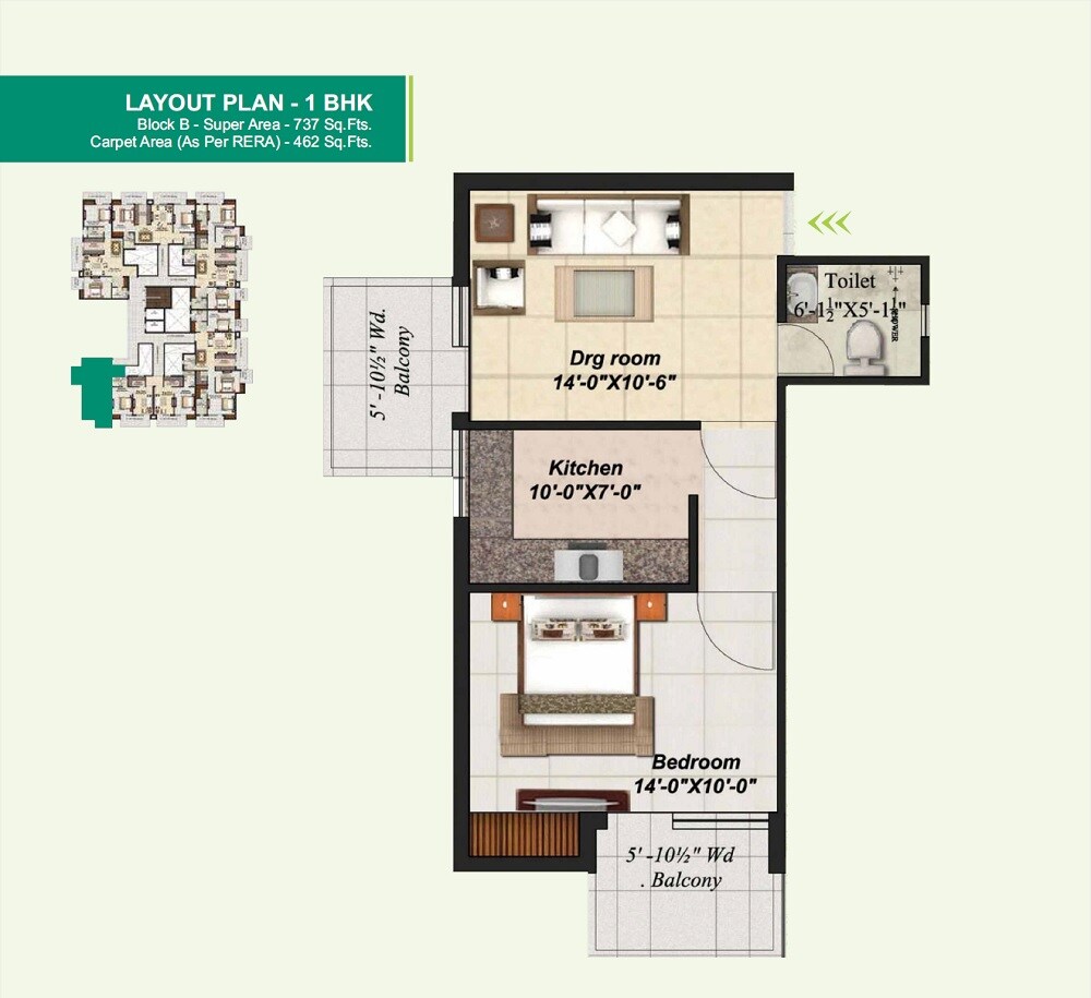 Floor plan of 1 BHK 737 Sq. Ft. Apartment in Mahalaxmi Lord Krishna Crest, Dehradun