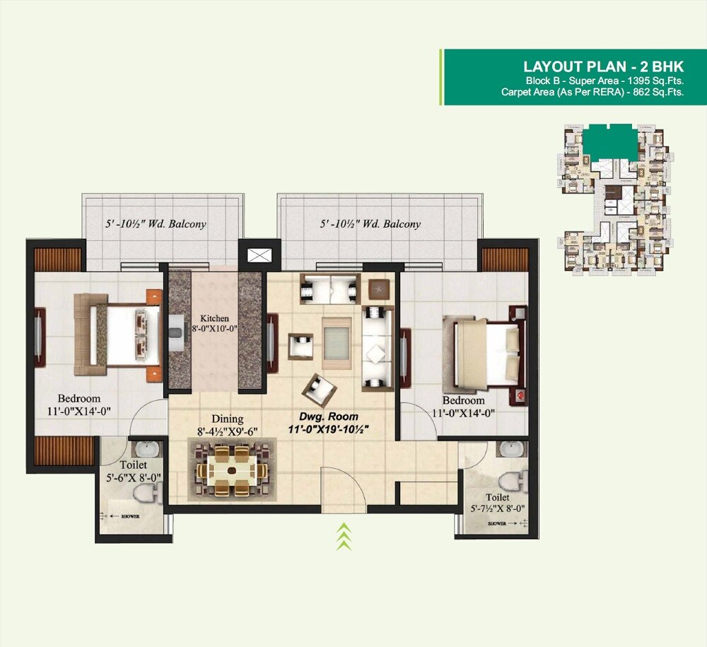 Floor plan of 2 BHK 1395 Sq. Ft. Apartment in Mahalaxmi Lord Krishna Crest, Dehradun