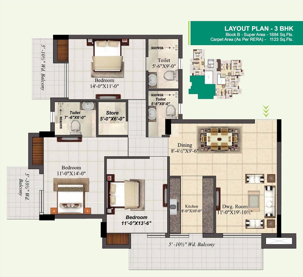 Floor plan of 3 BHK 1884 Sq. Ft. Apartment in Mahalaxmi Lord Krishna Crest, Dehradun