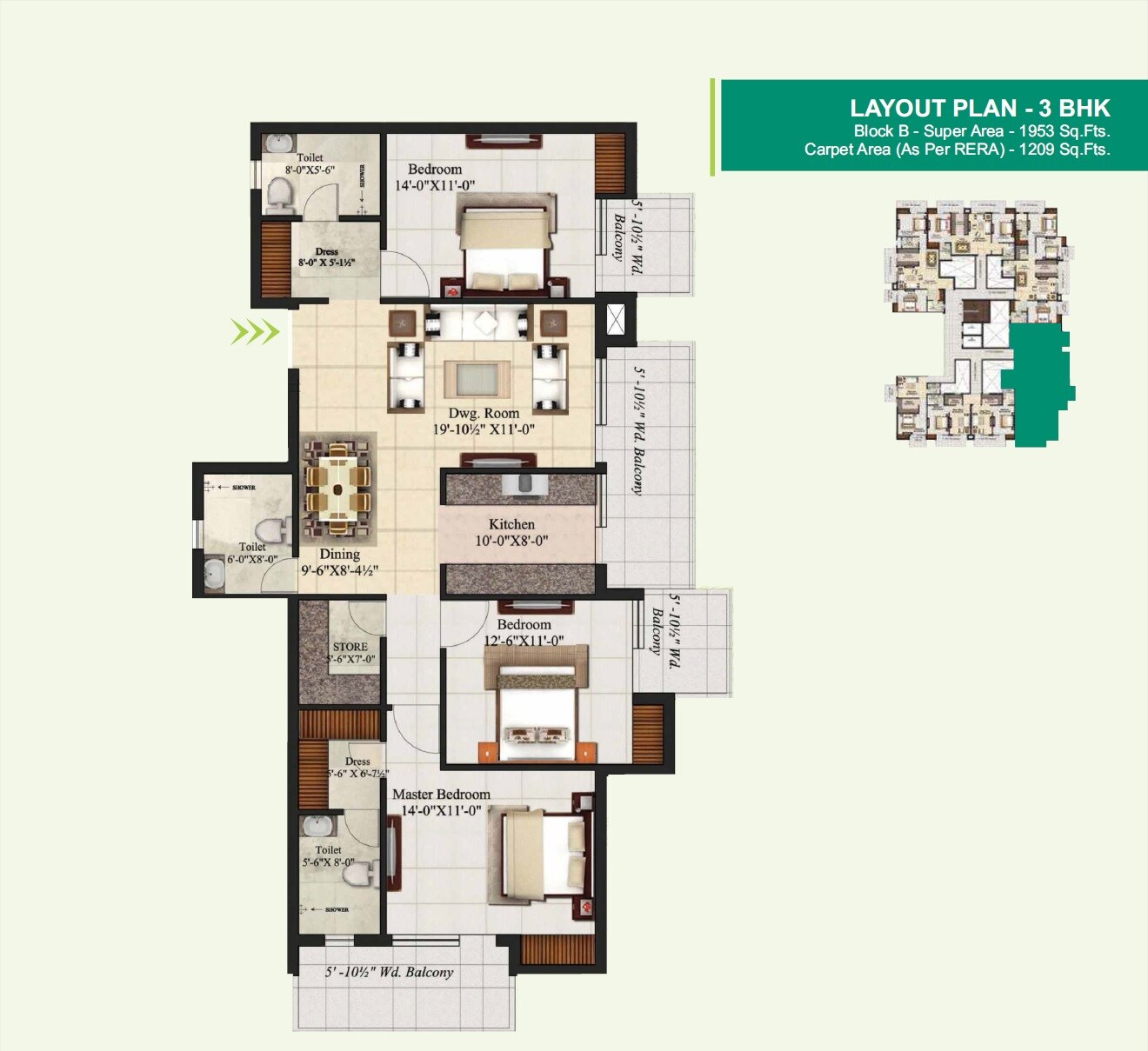 Floor plan of 3 BHK 1953 Sq. Ft. Apartment in Mahalaxmi Lord Krishna Crest, Dehradun