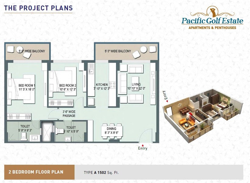 Floor plan of 2 BHK 1502 Sq. Ft. Apartment in Pacific Golf Estate, Dehradun