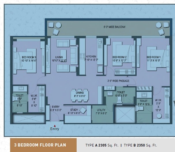 Floor plan of 3 BHK 2305 Sq. Ft. Apartment in Pacific Golf Estate, Dehradun