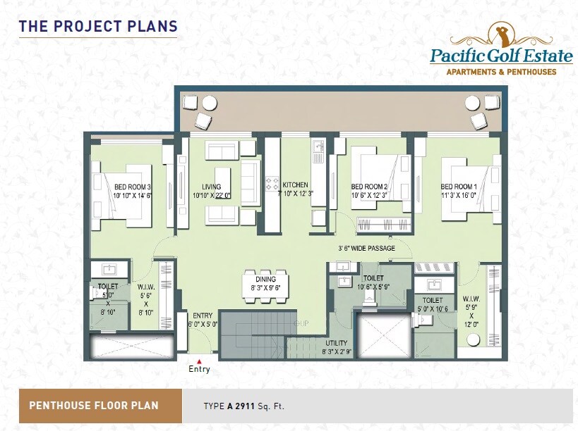 Floor plan of 3 BHK 2330 Sq. Ft. Penthouse in Pacific Golf Estate, Dehradun