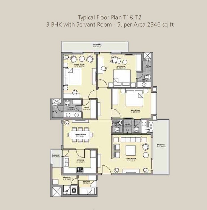 Floor plan of 3 BHK 2346 Sq. Ft. Apartment in Pushpanjali Eminent Heights, Dehradun