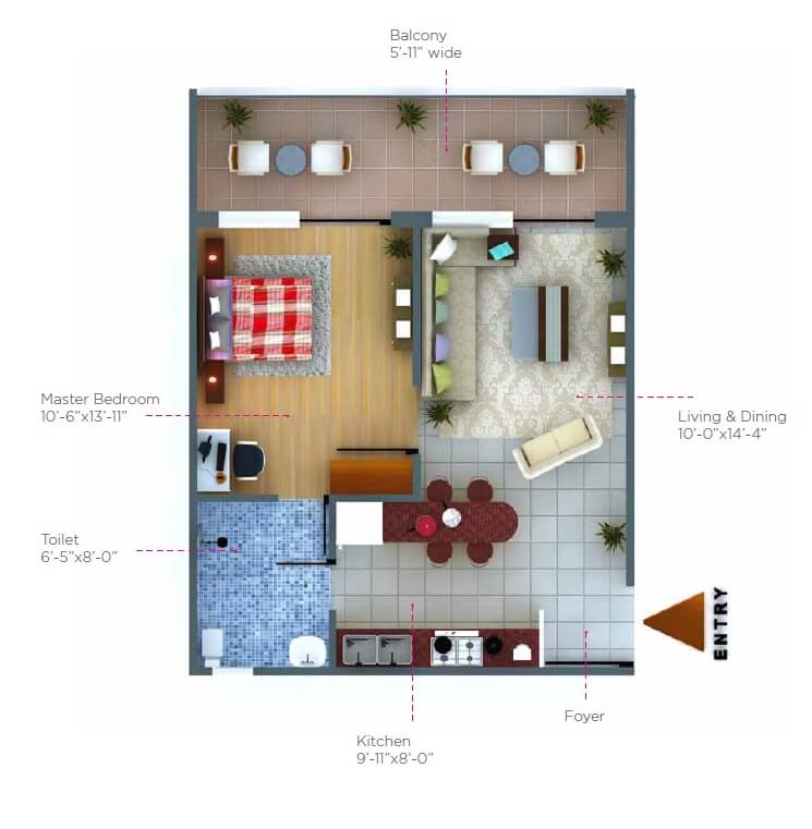 Floor plan of 1 BHK 850 Sq. Ft. Apartment in Snowline Galaxy Heights, Dehradun