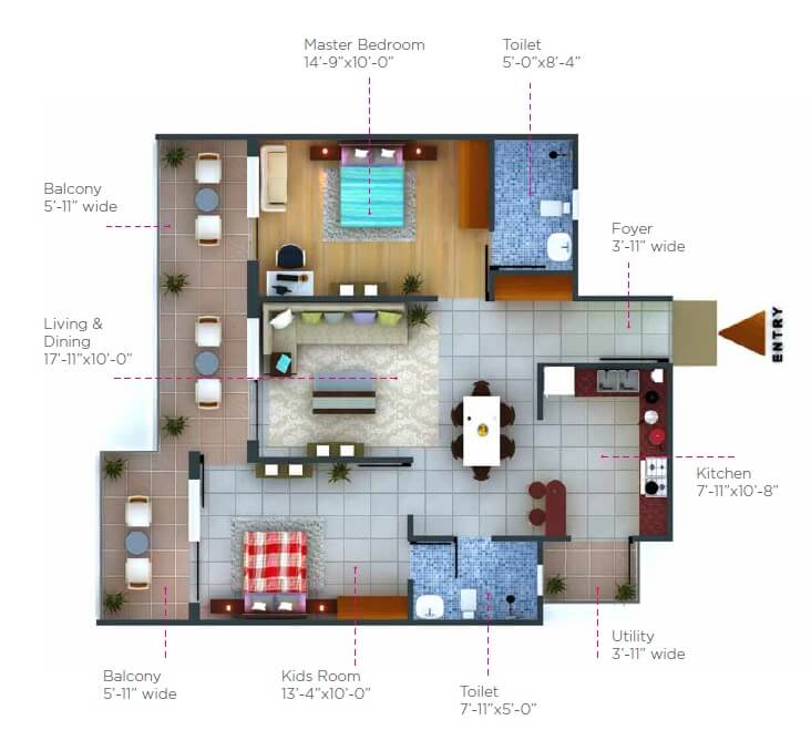 Floor plan of 2 BHK 1360 Sq. Ft. Apartment in Snowline Galaxy Heights, Dehradun