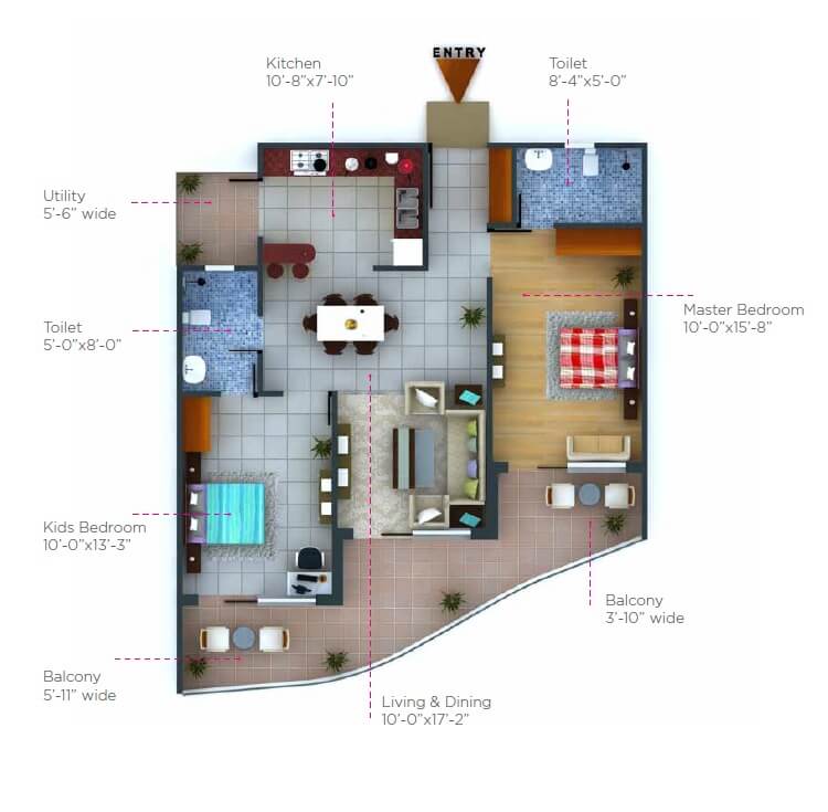 Floor plan of 2 BHK 1385 Sq. Ft. Apartment in Snowline Galaxy Heights, Dehradun