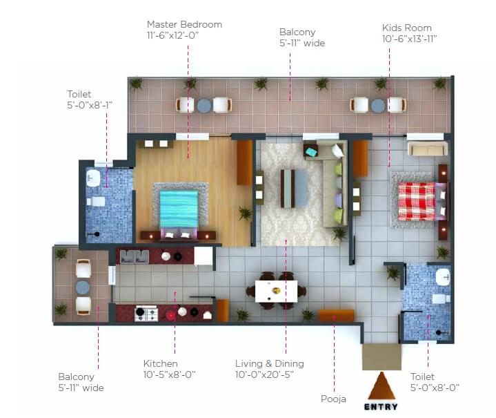 Floor plan of 2 BHK 1431 Sq. Ft. Apartment in Snowline Galaxy Heights, Dehradun