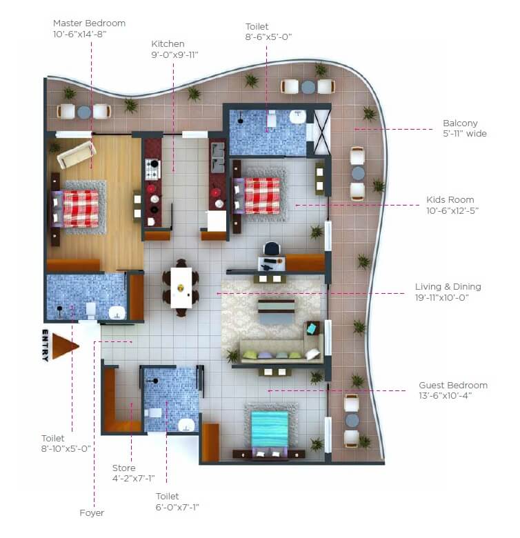 Floor plan of 3 BHK 1895 Sq. Ft. Apartment in Snowline Galaxy Heights, Dehradun