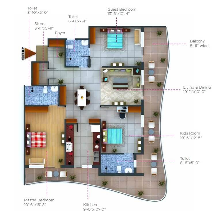 Floor plan of 3 BHK 1980 Sq. Ft. Apartment in Snowline Galaxy Heights, Dehradun