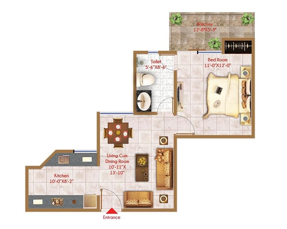 Floor plan of 1 BHK 650 Sq. Ft. Apartment in Windlass River Valley, Dehradun