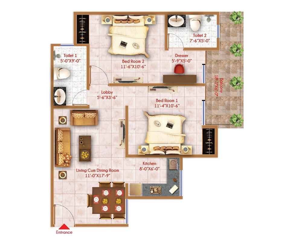 Floor plan of 2 BHK 1000 Sq. Ft. Apartment in Windlass River Valley, Dehradun