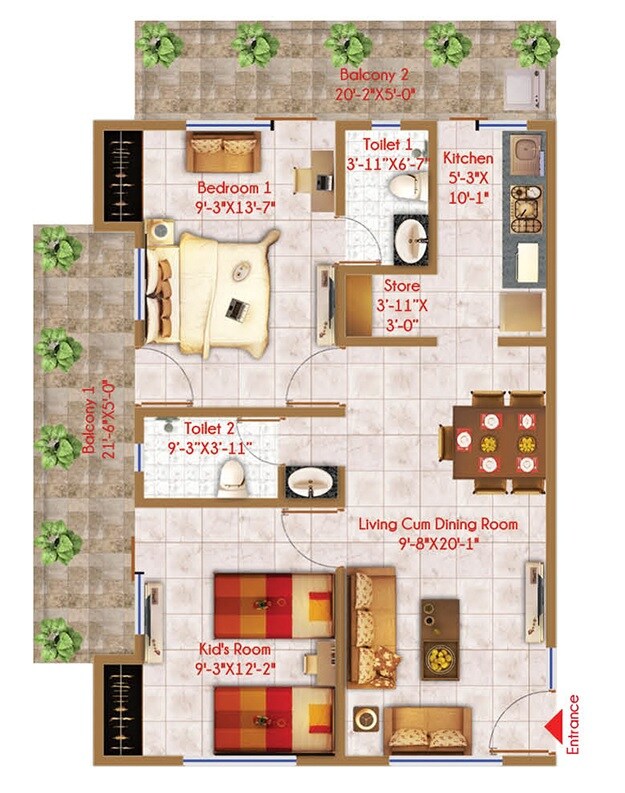 Floor plan of 2 BHK 1090 Sq. Ft. Apartment in Windlass River Valley, Dehradun