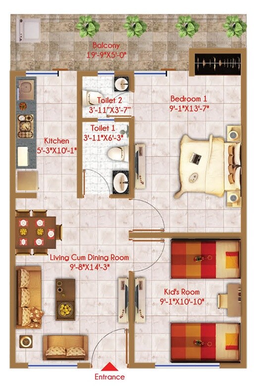 Floor plan of 2 BHK 828 Sq. Ft. Apartment in Windlass River Valley, Dehradun