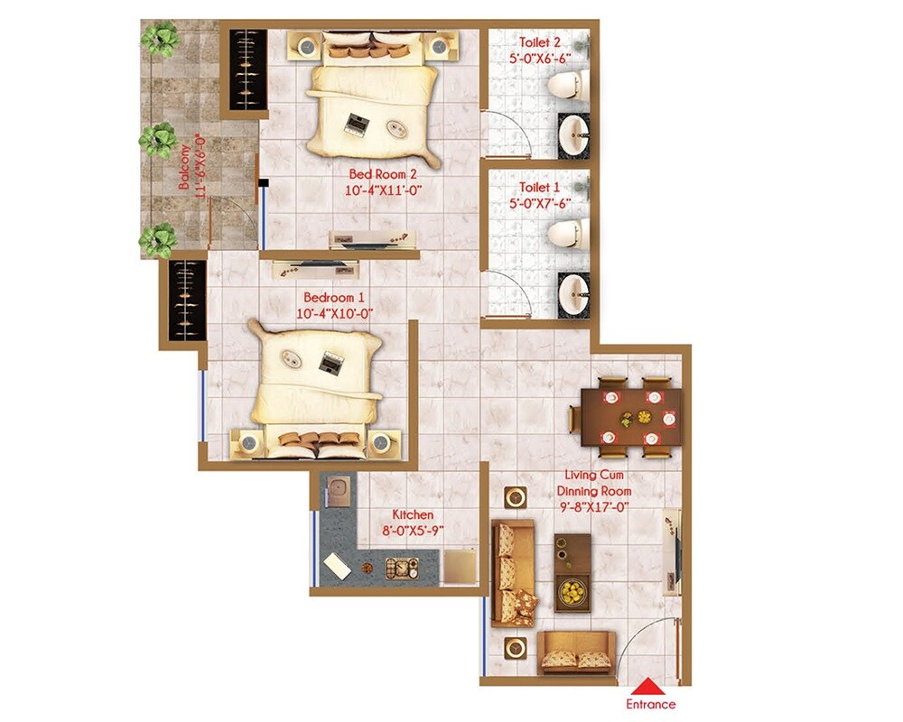 Floor plan of 2 BHK 850 Sq. Ft. Apartment in Windlass River Valley, Dehradun