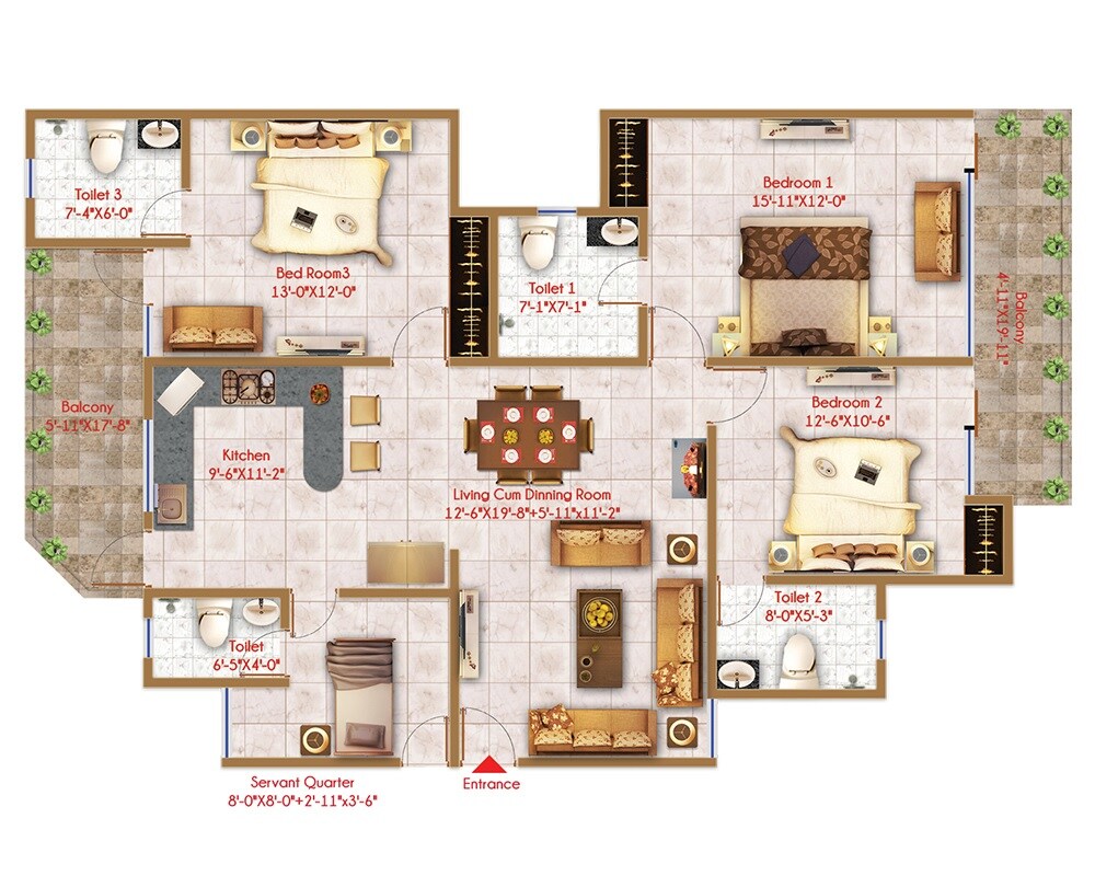 Floor plan of 3 BHK 1875 Sq. Ft. Apartment in Windlass River Valley, Dehradun