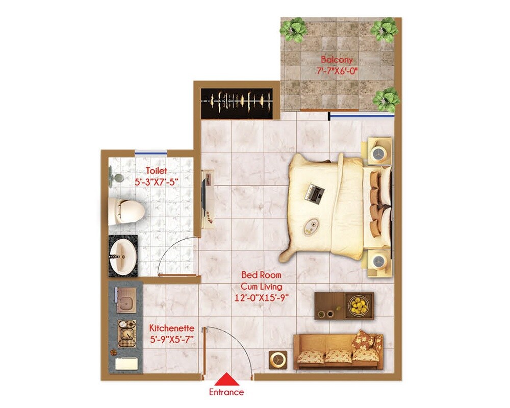 Floor plan of 435 Sq. Ft. Studio in Windlass River Valley, Dehradun