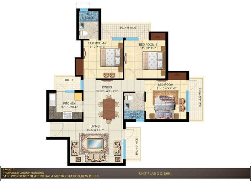 Floor plan of 3 BHK 1500 Sq. Ft. Apartment in A P Wonders, Delhi