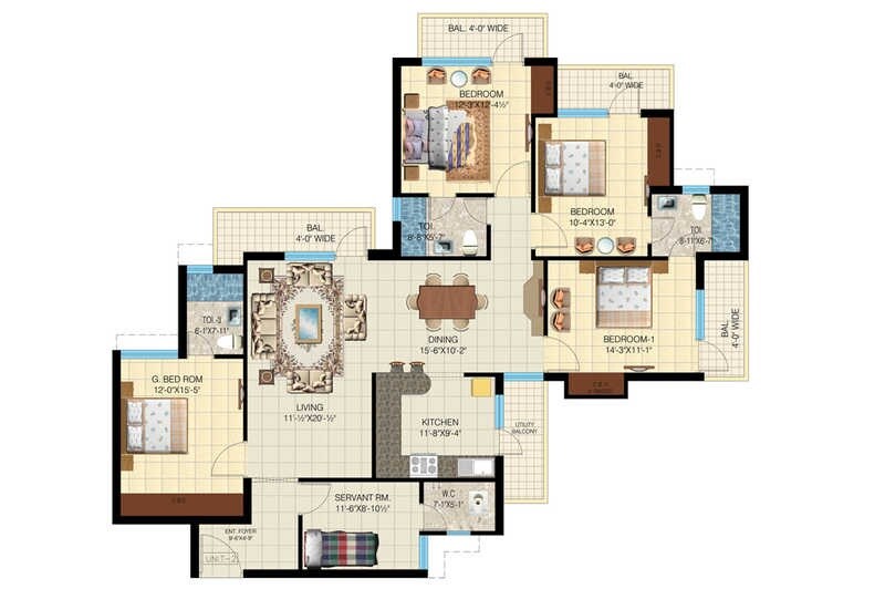 Floor plan of 4 BHK 2600 Sq. Ft. Apartment in A P Wonders, Delhi