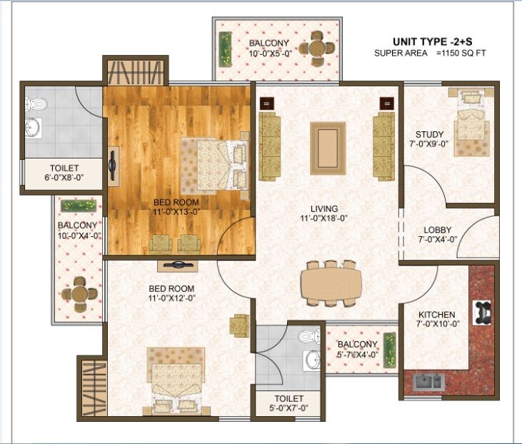 Floor plan of 2 BHK 1150 Sq. Ft. Apartment in Aarone Botanica, Delhi