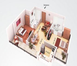 Floor plan of 2 BHK 1050 Sq. Ft. Apartment in Colors Housing Regalia, Delhi