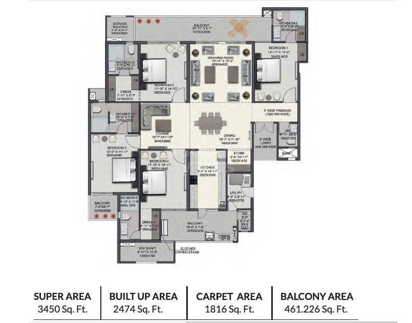 Floor plan of 4 BHK 3450 Sq. Ft. Apartment in CRA Noble Ayra, Delhi
