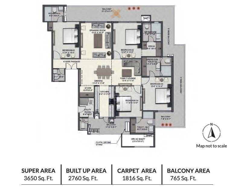 Floor plan of 4 BHK 3650 Sq. Ft. Apartment in CRA Noble Ayra, Delhi