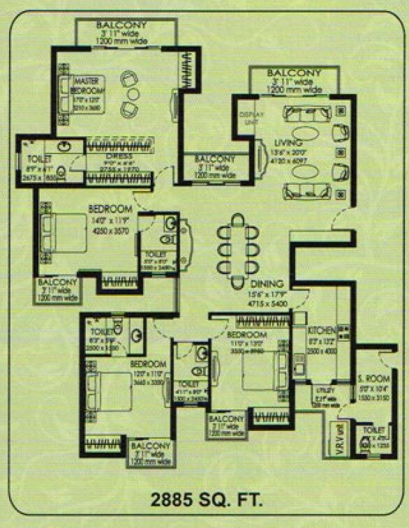 Floor plan of 4 BHK 2885 Sq. Ft. Apartment in DLF Capital Greens Phase 3, Delhi