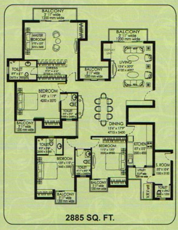 Floor plan of 4 BHK 2885 Sq. Ft. Apartment in DLF Capital Greens Phase 3, Delhi