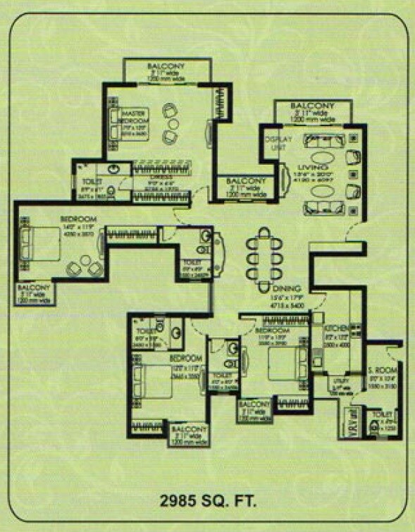 Floor plan of 4 BHK 2985 Sq. Ft. Apartment in DLF Capital Greens Phase 3, Delhi