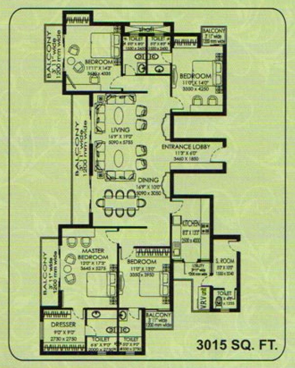 Floor plan of 4 BHK 3015 Sq. Ft. Apartment in DLF Capital Greens Phase 3, Delhi