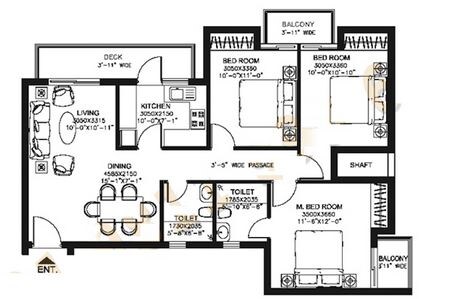Floor plan of 3 BHK 1415 Sq. Ft. Apartment in DLF Capital Greens Phase I And II, Delhi