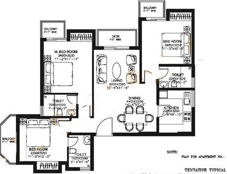 Floor plan of 3 BHK 1475 Sq. Ft. Apartment in DLF Capital Greens Phase I And II, Delhi