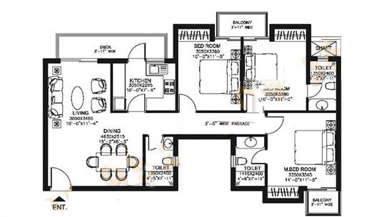 Floor plan of 3 BHK 1480 Sq. Ft. Apartment in DLF Capital Greens Phase I And II, Delhi