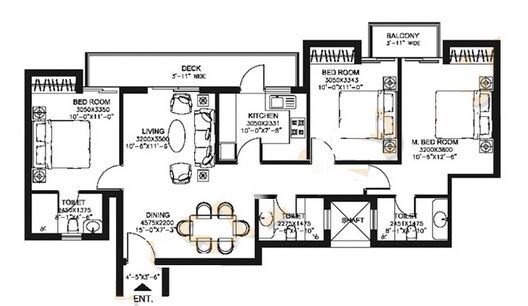 Floor plan of 3 BHK 1505 Sq. Ft. Apartment in DLF Capital Greens Phase I And II, Delhi