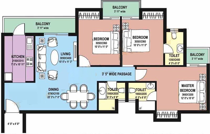 Floor plan of 3 BHK 1520 Sq. Ft. Apartment in DLF Capital Greens Phase I And II, Delhi