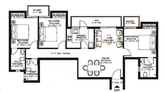 Floor plan of 3 BHK 1525 Sq. Ft. Apartment in DLF Capital Greens Phase I And II, Delhi