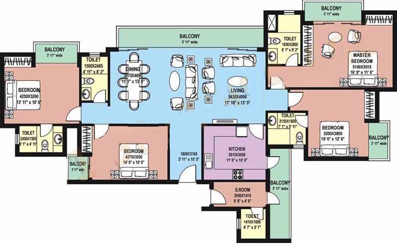 Floor plan of 4 BHK 2630 Sq. Ft. Apartment in DLF Capital Greens Phase I And II, Delhi