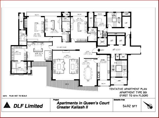 Floor plan of 4 BHK 5492 Sq. Ft. Apartment in DLF Queens Court, Delhi