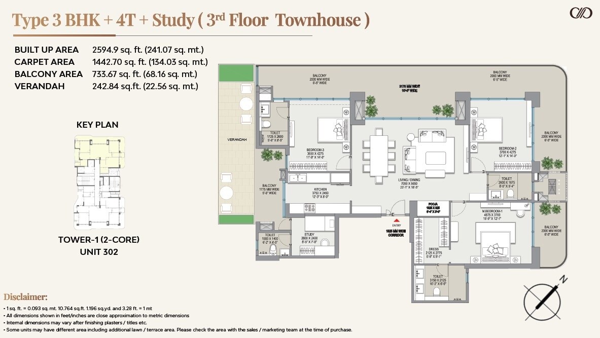 Floor plan of 3 BHK 2594 Sq. Ft. Apartment in Eldeco Camelot, Delhi