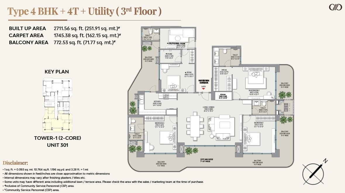 Floor plan of 4 BHK 2711 Sq. Ft. Apartment in Eldeco Camelot, Delhi