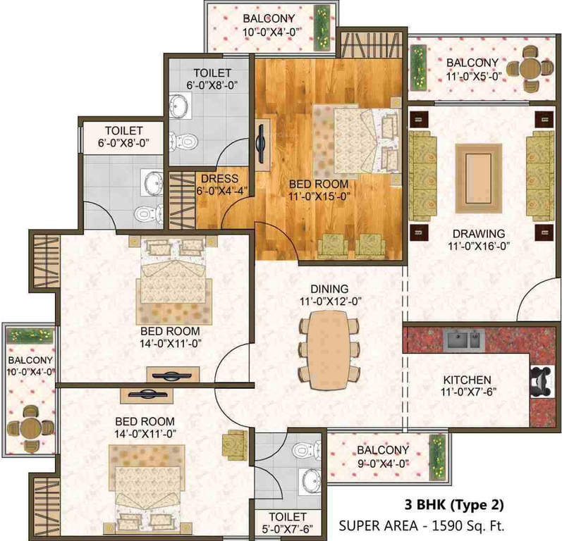 3 BHK 1500 Sq. Ft. Apartment