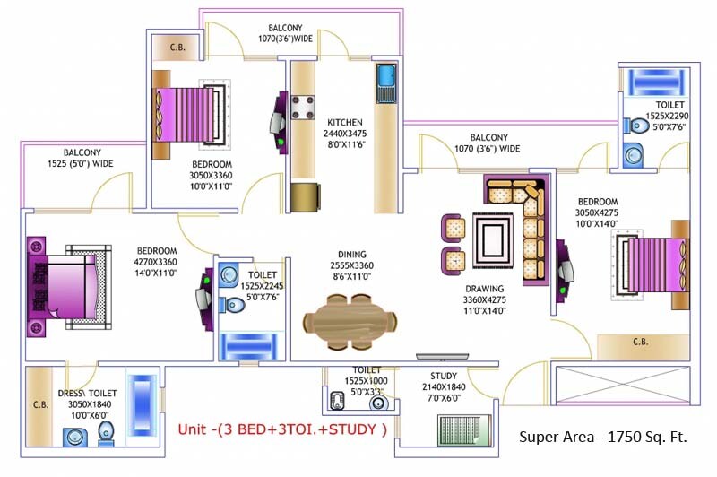 3 BHK 1750 Sq. Ft. Apartment