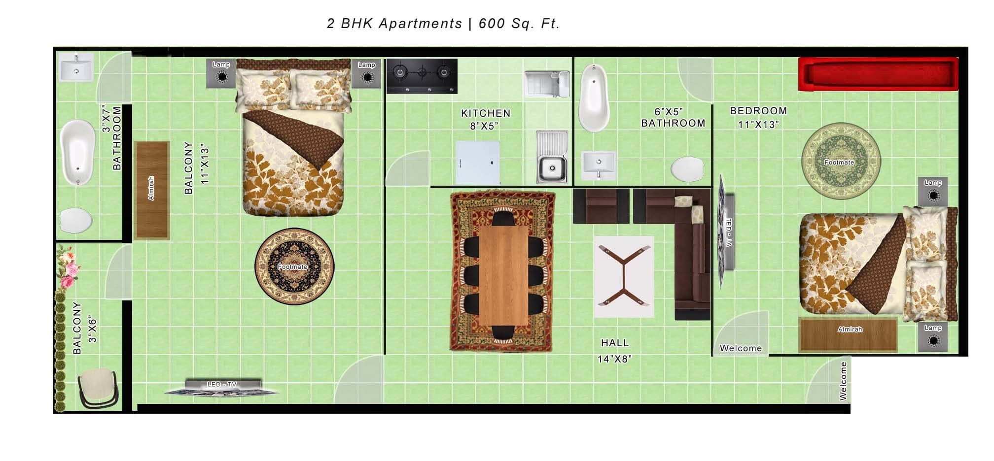 Floor plan of 2 BHK 600 Sq. Ft. Apartment in Habitech Group Habitech Apartments, Delhi