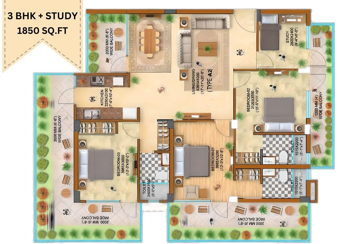 3 BHK 1850 Sq. Ft. Apartment