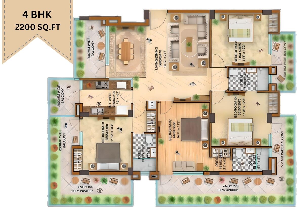 4 BHK 2200 Sq. Ft. Apartment