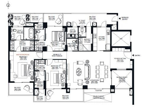 Floor plan of 3 BHK 3255 Sq. Ft. Apartment in Risland Sky Mansion, Delhi