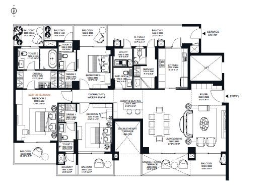 Floor plan of 3 BHK 3284 Sq. Ft. Apartment in Risland Sky Mansion, Delhi